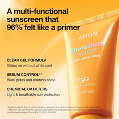 Anua Invisible Matte Finish Sunscreen SPF50 for Oily Skin - 50ml